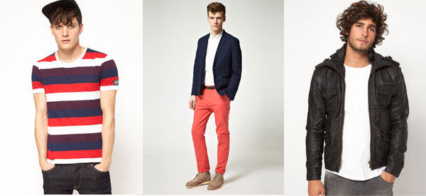 statement pieces: Striped pink t-shirt, red pants, leather jacket
