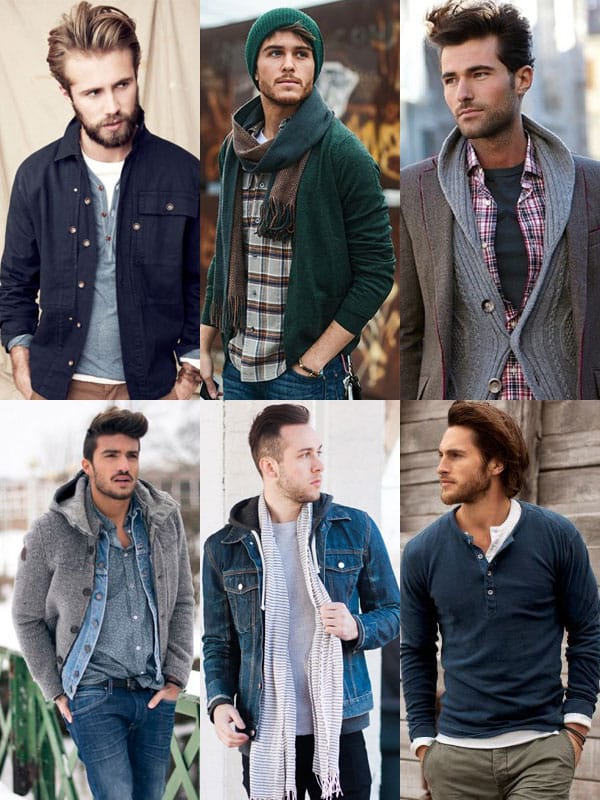 Layering examples: 1) T-shirt, Henley, button-down, 2) Flannel shirt, cardigan. 3) T-shirt, button-down, cardigan, sport coat.