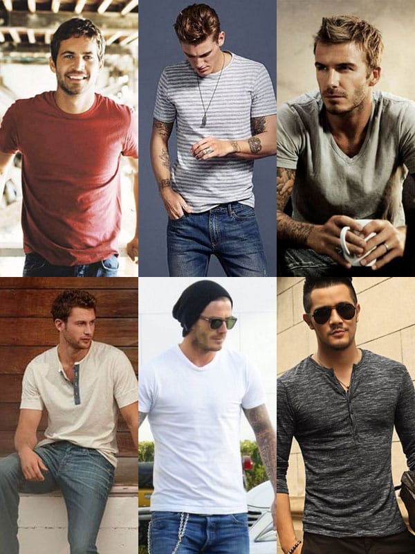 6 men wearing simple understated solid or striped t-shirts or henley shirts