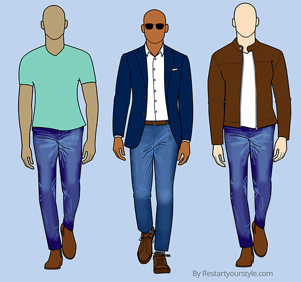 Raw denim outfits with 1) a simple t-shirt and Chelsea boots, 2) a shirt and blazer, 3) a simple tee and leather jacket