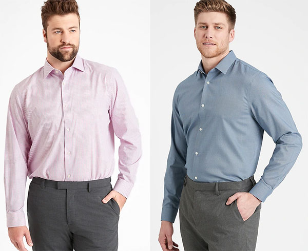 Two men wearing Banana Republic dress shirts in pink and blue