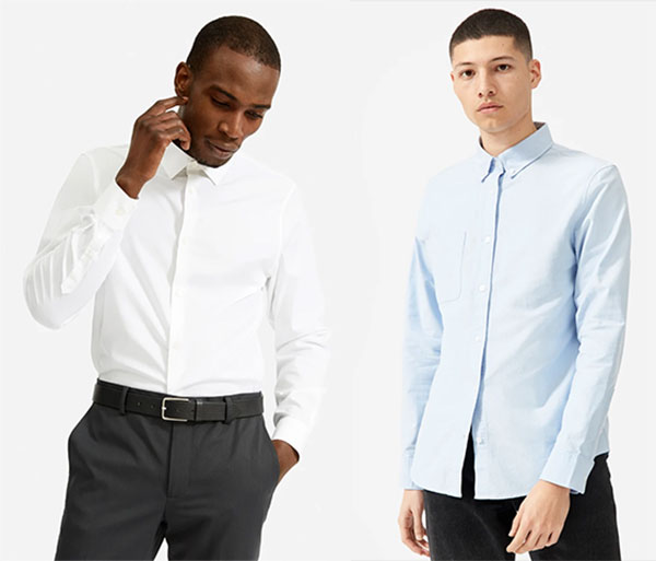 Two men wearing Everlane Dress Shirts in white and light blue