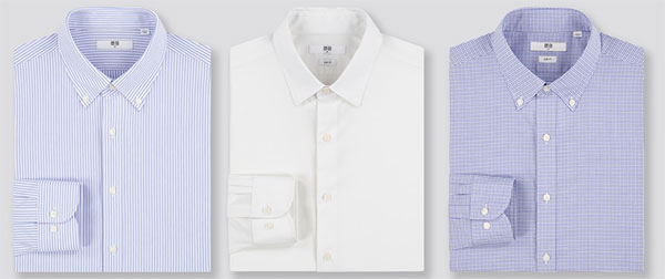 Uniqlo dress shirts in blue stripes, white solid and blue check