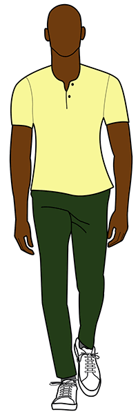 dark green pants with yellow Henley shirt