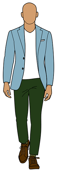dark green pants with blue blazer and white t-shirt