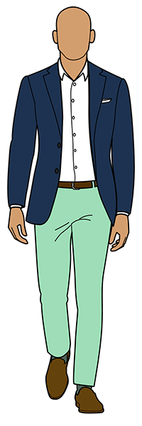 light green pants with navy blazer and white shirt