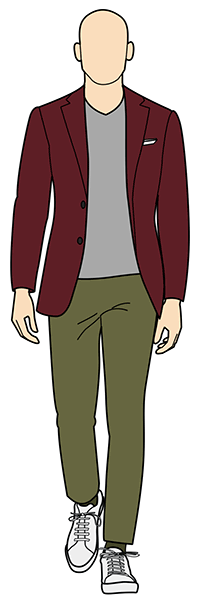 olive green pant with burgundy jacket and gray t-shirt