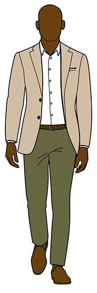 olive green pants with beige jacket and white shirt