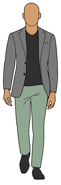 sage green pants with black t-shirt and gray blazer