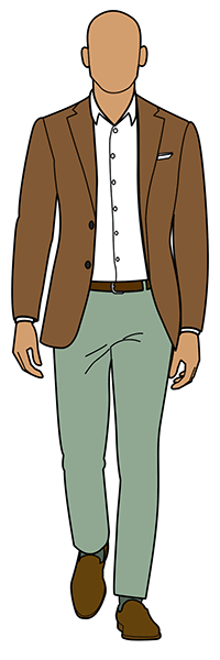 sage green pants with brown sports coat and white shirt
