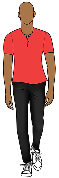 black jeans outfit example with bright red t-shirt and white sneakers