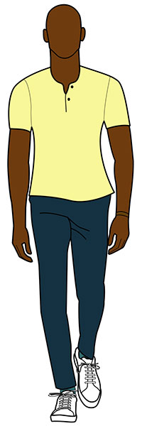 man wearing dark blue jeans with yellow Henley shirt
