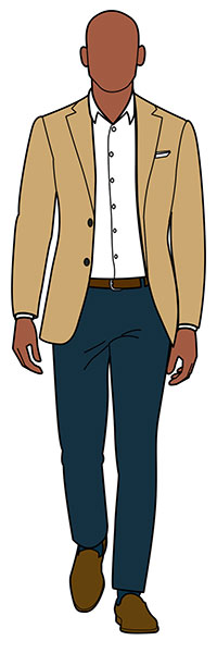 man wearing dark blue jeans with white shirt and brown blazer