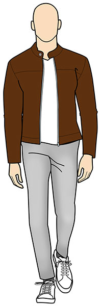 grey jeans outfit example with white t-shirt and brown leather jacket