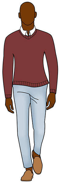 light blue jeans outfit example with dark red sweater and brown loafers