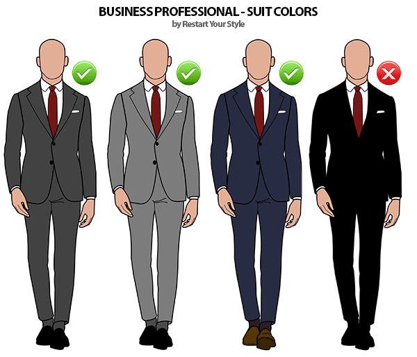 business professional suit colors include  charcoal, grey, navy, but not black.