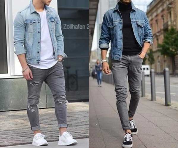 grey jeans with blue denim jacket outfits