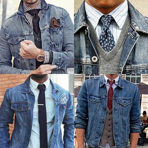 denim jacket with shirt and tie combination