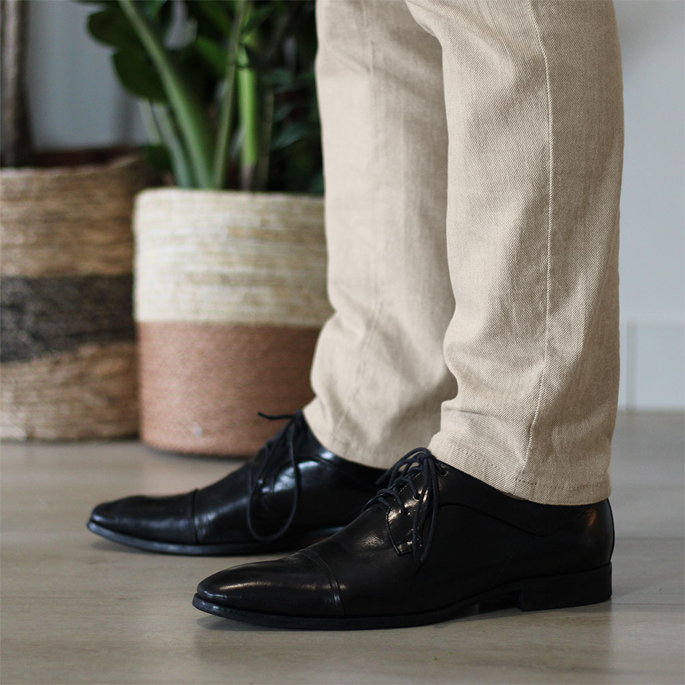 Beige trousers 2024 black shoes