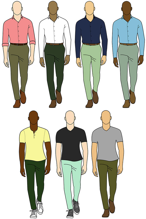 Men wearing green pants with pink, white, navy and light blue shirt. Other wearing yellow, black, grey t-shirts.