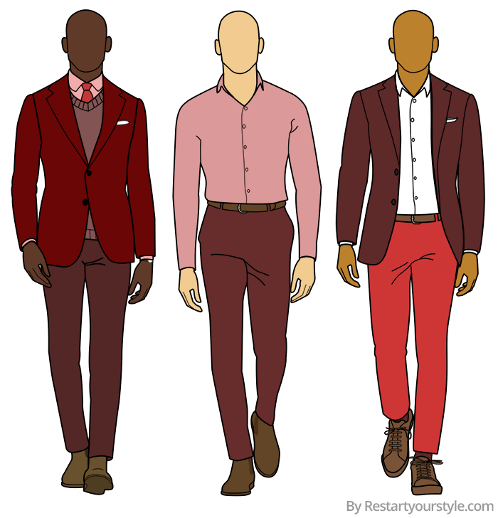 men wearing different shades of red outfits